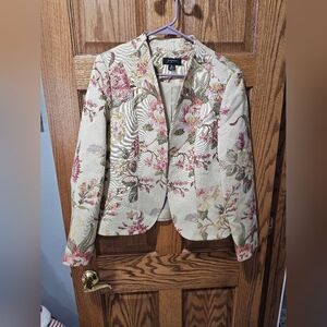 Josephine Womens Blazer Floral Upholstery Light Golden Tone Hook Front Size 10